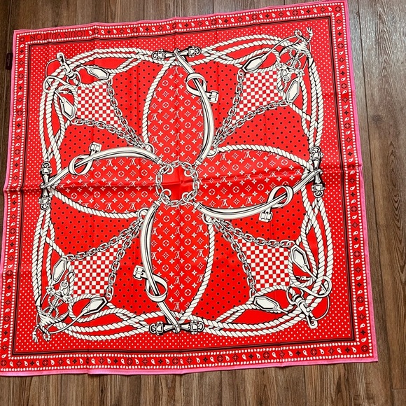 100% silk Vibrant Red Scarf with White and Black Accents - Picture 11 of 13